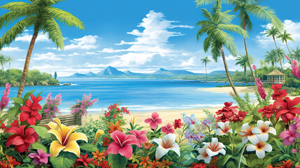 realistic vintage inspired hawaiian beach scene, ai generated image - obrazy, fototapety, plakaty