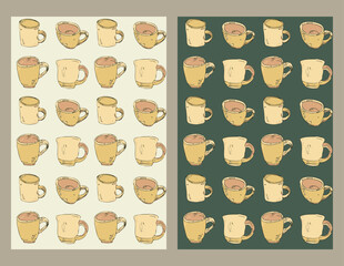 Fototapeta premium Cups seamless patterns set. Hand drawn sketch design, doodle cartoon style. Gold yellow color palette. Light or dark backround. Vector