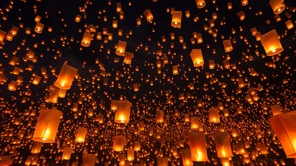 Traditional fire lanterns being released into the night sky during the Yeepeng festival, also known as Loi Krathong, in Chiang Mai, Thailand.