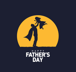 Happy Father's day concept vector background. Happy Father's Day and silhouette of father and child on background of adventure landscape. Father and son with text happy father's day.