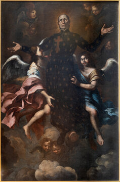 GENOVA, ITALY - MARCH 6, 2023: The painting of Apotheosis of St camilus de Lelis in the church Chiesa di Santa Croce e San Camillo by unknown artist .