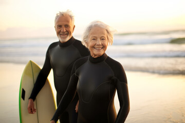 Senior couple showcasing vitality by leisurely walking along the beach after surfing, epitomizing an active retirement lifestyle, generative ai