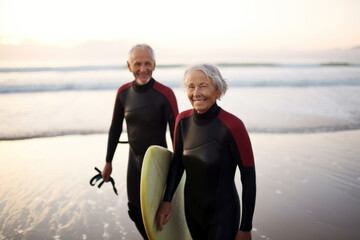 Senior couple showcasing vitality by leisurely walking along the beach after surfing, epitomizing an active retirement lifestyle, generative ai