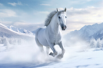 Obraz na płótnie Canvas Winter's grace, galloping horse brings life and movement to the snowy terrain Generative AI
