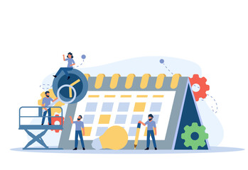 Calendar schedule week vector concept illustration. Student appointment employee agenda man and woman. Business plan with clock,pencil. Date time meeting day. Coworker banner office teamwork assign