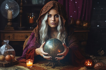 Gypsy young woman fortune teller working with tarot cards, predicting future, looking directly into camera, esoteric mysticism decorations in background. Generative AI - obrazy, fototapety, plakaty