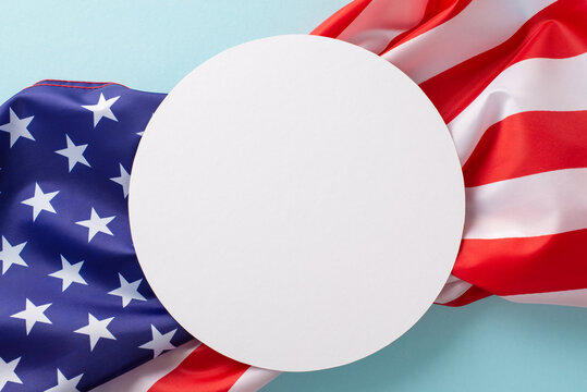 American federal holiday concept. High angle view photo of empty circle on the flag of United States of America on blue isolated background with copy-space