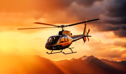 Fototapeta na wymiar Small sightseeing tour helicopter flying over mountains at sunset. Generative AI