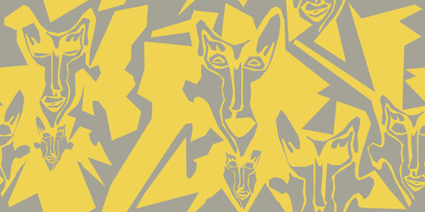 Seamless pattern of abstract faces and geometric shapes.