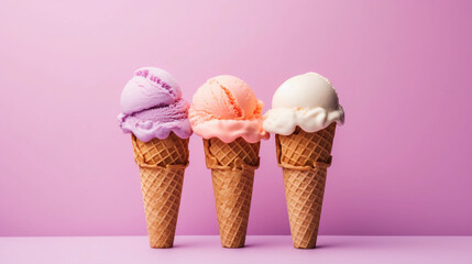 Waffle cones with delicious ice cream, isolated on purple background with copyspace, Generative AI.
