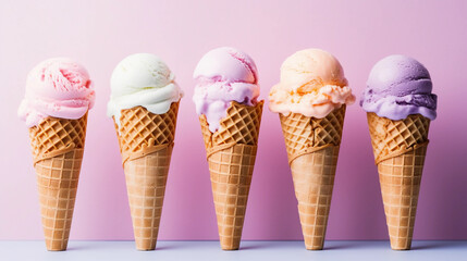 Waffle cones with delicious ice cream, isolated on pink purple background with copyspace, Generative AI.