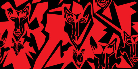 Seamless pattern of abstract faces and geometric shapes.