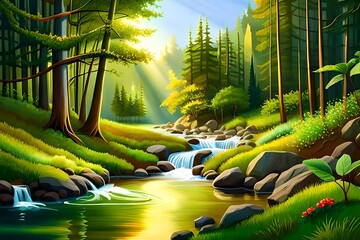 Green forest in sunlight with forest streams and sea illustration..
