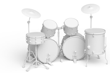 Set of realistic drums with metal cymbals or drumset on monochrome background