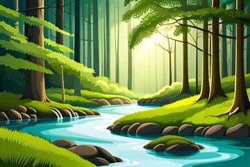 Green forest in sunlight with forest streams and sea illustration..
