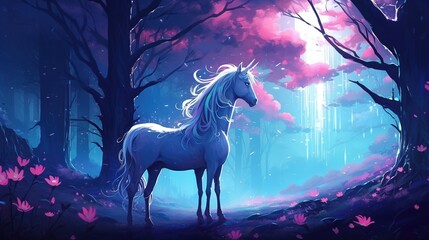 A magical unicorn forest with a moonlit sky . Fantasy concept , Illustration painting. Generative Ai