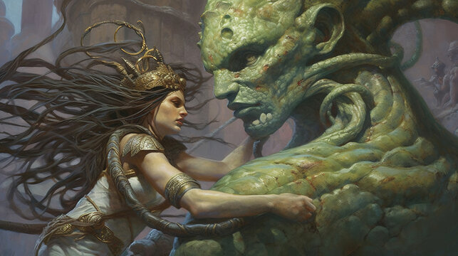 A medusa turning a warrior to stone with a glance . Fantasy concept , Illustration painting. 