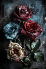 - watercolor, blue and red roses are on an old canvas wall, 1,generative ai