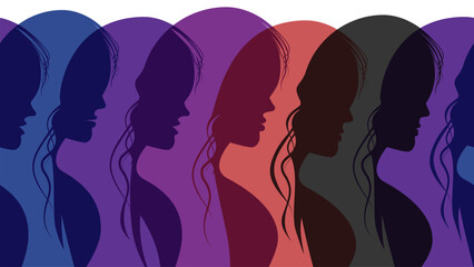 Horizontal seamless background with profiles of female heads.
