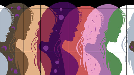 Horizontal seamless background with profiles of female heads.