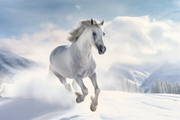 Obraz na płótnie Canvas Dynamic display, horse's gallop transforms the snow-covered landscape Generative AI