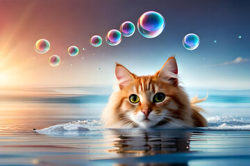 a cat surrounded by floating bubbles, evoking a sense of wonder and joy