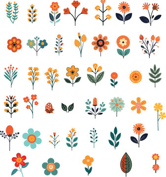 Floral Vector set flower illustration art, graphics flowers icons set, element flat doodle style clipart design