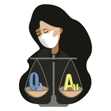 A girl in a protective mask with scales, on the cups of which lie the chemical element oxygen and gold. Oxygen value concept.