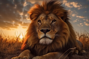Obraz na płótnie Canvas Majestic lion's portrait on savanna, Mount Kilimanjaro embraces the sunset Generative AI