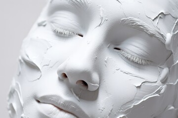 Girl's face with abundant application of white cosmetic clay. Creative beauty concept. Generated by AI.
