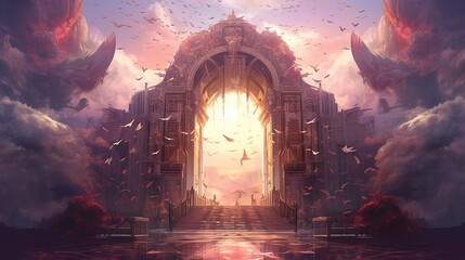 A heavenly portal to paradise . Fantasy concept , Illustration painting. Generative Ai
