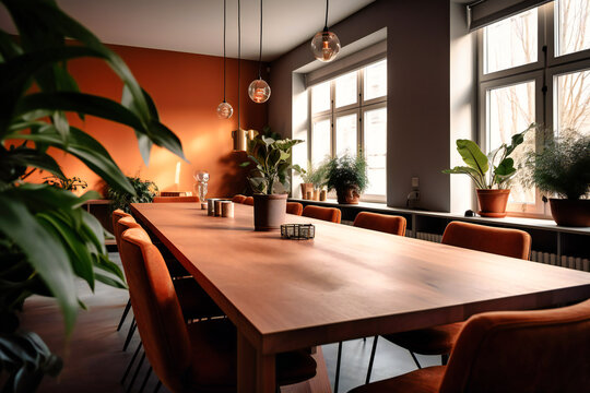 this image shows a conference room with table chairs and a plant pot