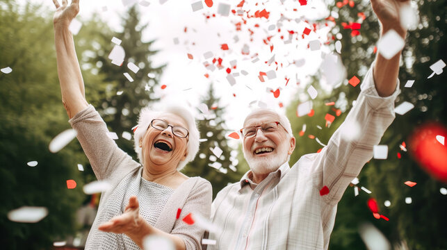 Senior couple with grey hair celebrating Canada Day in park of Canada. Happy tourists visiting Canada. Summer vacation. Generative ai.