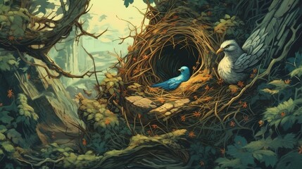 A harpy nest in a tree with a small harpy baby in it. . Fantasy concept , Illustration painting. Generative Ai - obrazy, fototapety, plakaty