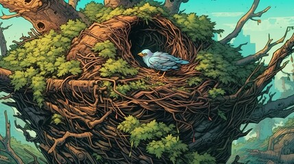 Fototapeta na wymiar A harpy nest in a tree with a small harpy baby in it. . Fantasy concept , Illustration painting. Generative Ai