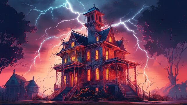 A lightning strike illuminating a haunted mansion . Fantasy concept , Illustration painting. Generative Ai
