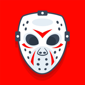white hockey mask on a red background. flat vector illustration.