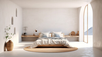 Modern Japandi Inspired Bedroom Interior Design - Venetian Plaster in Light, Calming Colors - Minimalist Organic Wood Details and Boho Chic Accessories - Generative AI