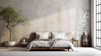 Modern Japandi Inspired Bedroom Interior Design - Venetian Plaster in Light, Calming Colors - Minimalist Organic Wood Details and Boho Chic Accessories - Generative AI