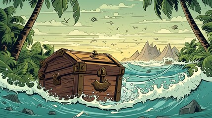 A hurricane sweeping through a deserted island with a treasure chest . Fantasy concept , Illustration painting. Generative Ai