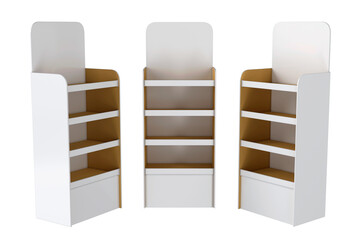 Temporary cardboard sales racks for displaying goods. 3d illustration