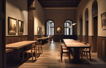 Fototapeta na wymiar a light and dark wooden space with tables and chairs