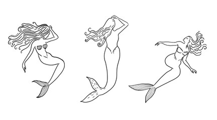 Mermaid drawings, black and white line vector illustration set for summer prints, tattoo, apparel design