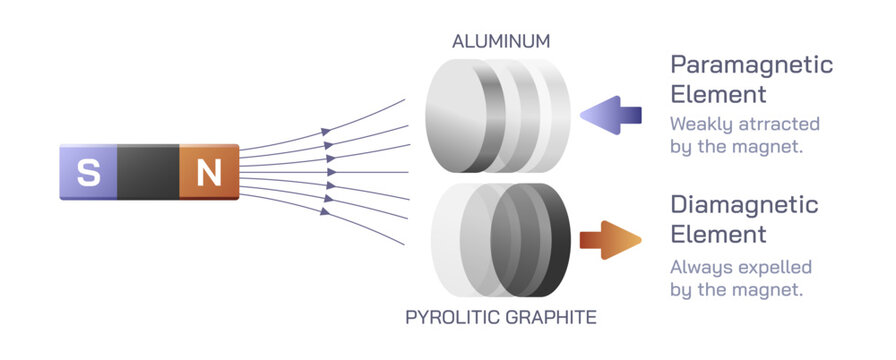 Ferro, ferri, dia,  paramagnetic force vector illustraiton. Aligned domain unaligned domain. Curie Weiss law. Diagram types of magnetism  law. General physics study material for students and teacher 