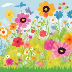 Colourful abstract flower meadow illustration and Colourful watercolour abstract flower background.