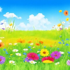 Colourful abstract flower meadow illustration and Colourful watercolour abstract flower background.