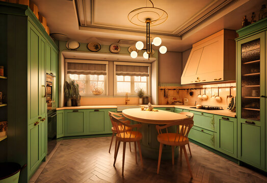 a kitchen, with a mint green and peach color scheme