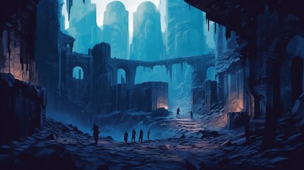 A group of adventurers exploring a dungeon . Fantasy concept , Illustration painting. Generative Ai
