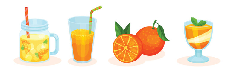 Orange Food with Juice Glass, Lemonade Jar and Pudding Vector Set