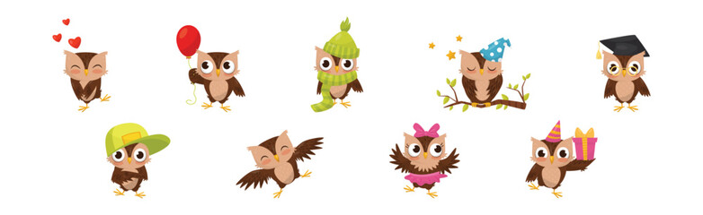 Cute Little Owl Character with Large Eyes and Wings Vector Set